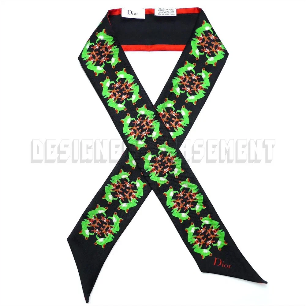 CHRISTIAN DIOR black Frogs by Chris Martin MITZAH skinny 2-sided Silk scarf NIB